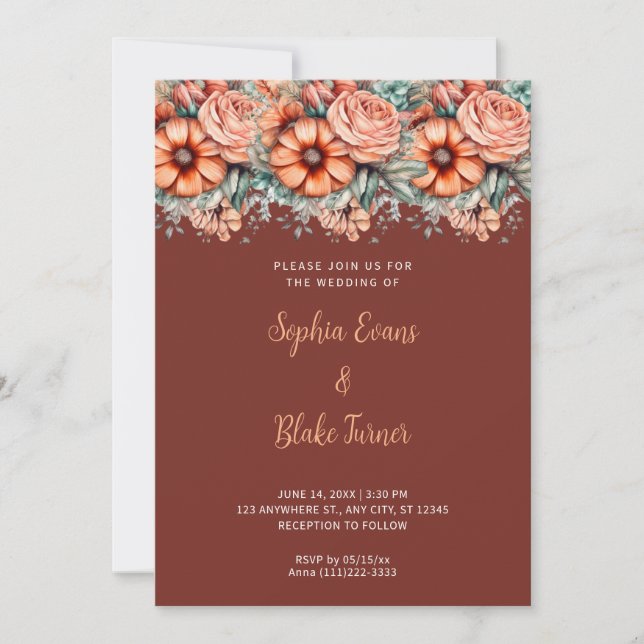 Invitation Fleurs orange et verdure Mariage Brown (Devant)