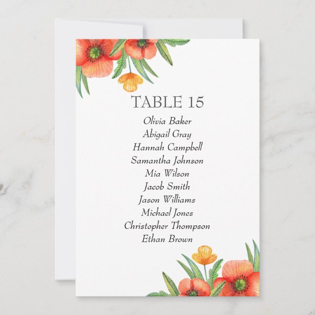 Invitation Fleurs orange. Mariage dans le jardin Plans de tab (Devant)