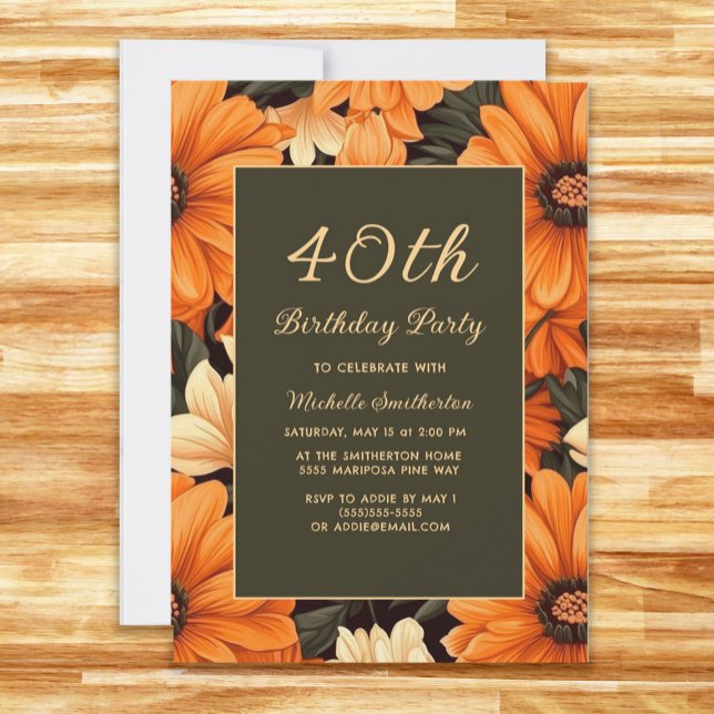 Invitation Fleurs orange marron pour tous âges 40e anniversai (Orange flowers on brown 40th birthday party invitation)