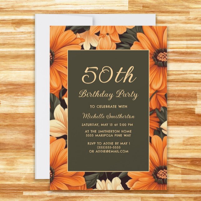 Invitation Fleurs orange marron pour tous âges 50e anniversai (Orange flowers on brown 50th birthday party invitation)