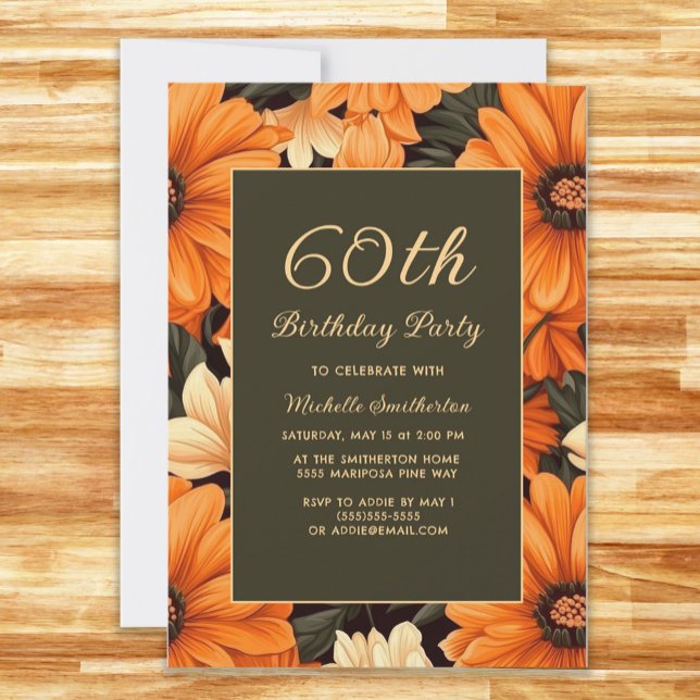 Invitation Fleurs orange marron pour tous les âges 60e annive (Orange flowers on brown 60th birthday party invitation)