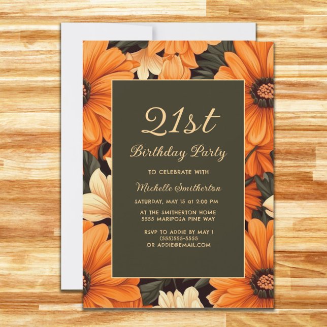 Invitation Fleurs orange marron pour tout âge Anniversaire (Elegant orange flowers on brown birthday party invitation)
