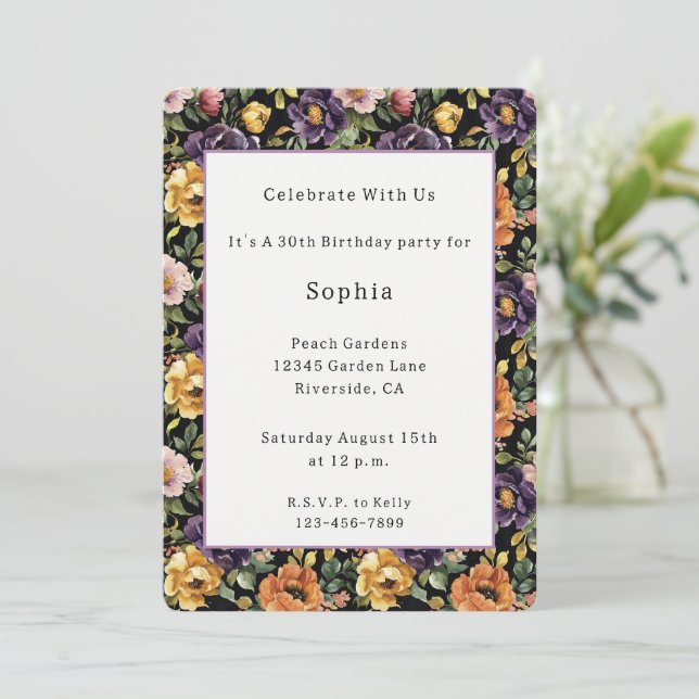 Invitation Fleurs orange rose jaune violet Anniversaire  (Debout devant)