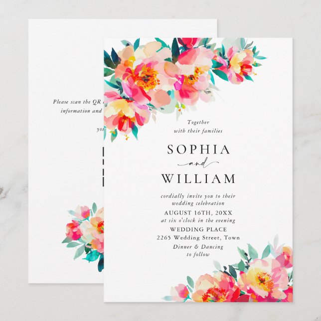 Invitation Fleurs orange rose vif festives Mariage (Devant / Derrière)