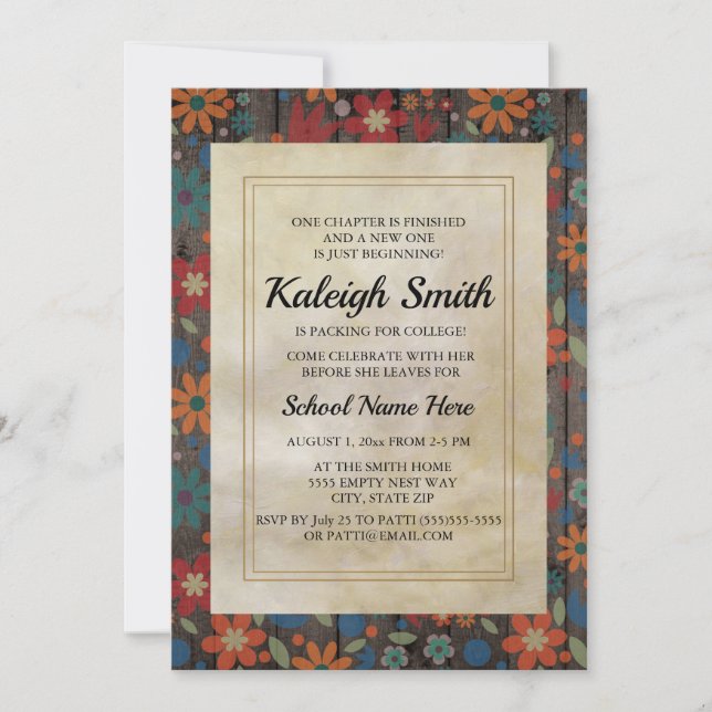 Invitation Fleurs Orange Rouge Bleu sur Tronc en Bois Rustiqu (Devant)
