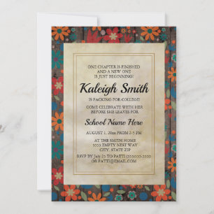 Invitation Fleurs Orange Rouge Bleu sur Tronc en Bois Rustiqu