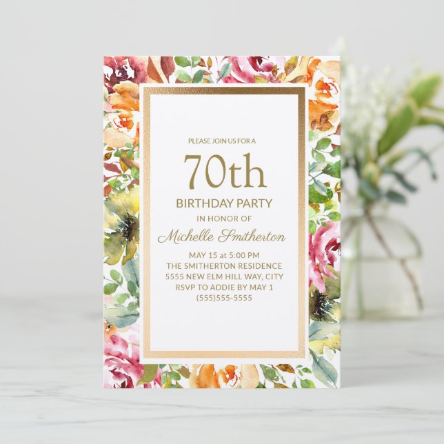 Invitation Fleurs orange rouge feuilles vertes or 70e anniver (Debout devant)