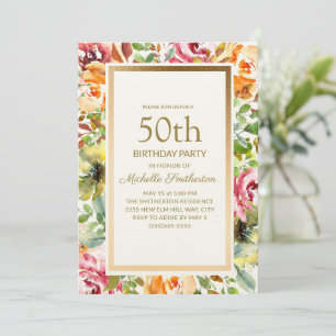 Invitation Fleurs orange rouge Vert Feuilles Or 50e Anniversa