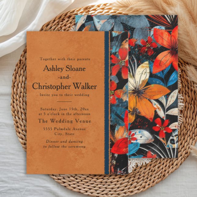 Invitation Fleurs orange sarcelle rouge vibrantes en gras (Bold, vibrant orange, teal, red flowers boho-style wedding invitation)
