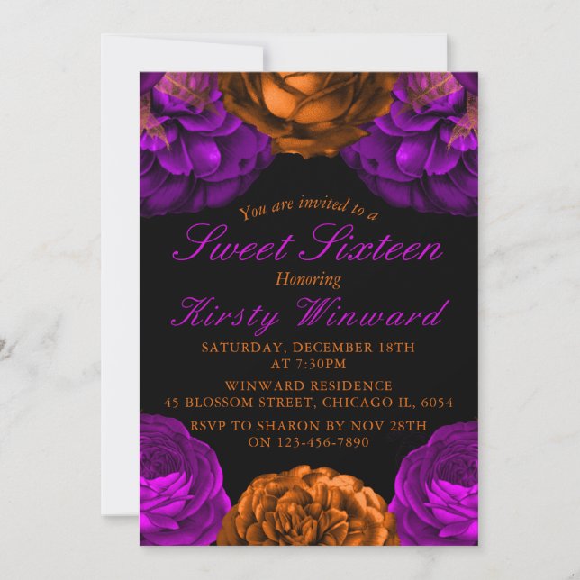 Invitation Fleurs orange violettes Halloween Sweet 16 (Devant)