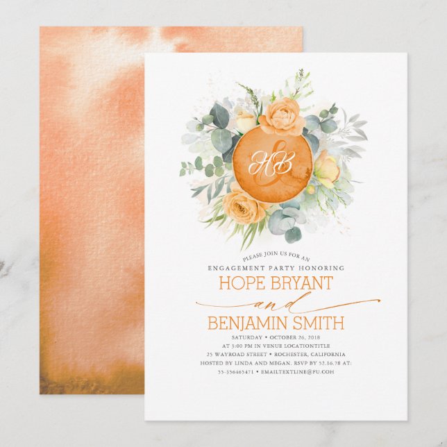 Invitation Fleurs orange Wreath Fall Engagement Party (Devant / Derrière)