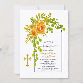 Invitation Fleurs orangées et baptême à arc fleuri