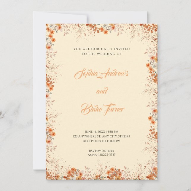 Invitation Fleurs oranges délicates Mariage jaune joli (Devant)