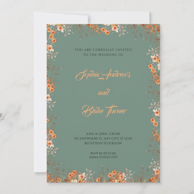 Invitation Fleurs oranges délicates Mariage vert joli (Devant)