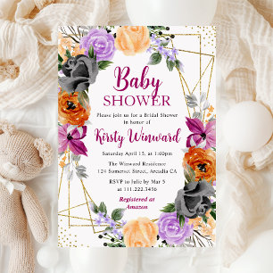 Invitation Fleurs oranges violettes noires Cadre Baby Shower