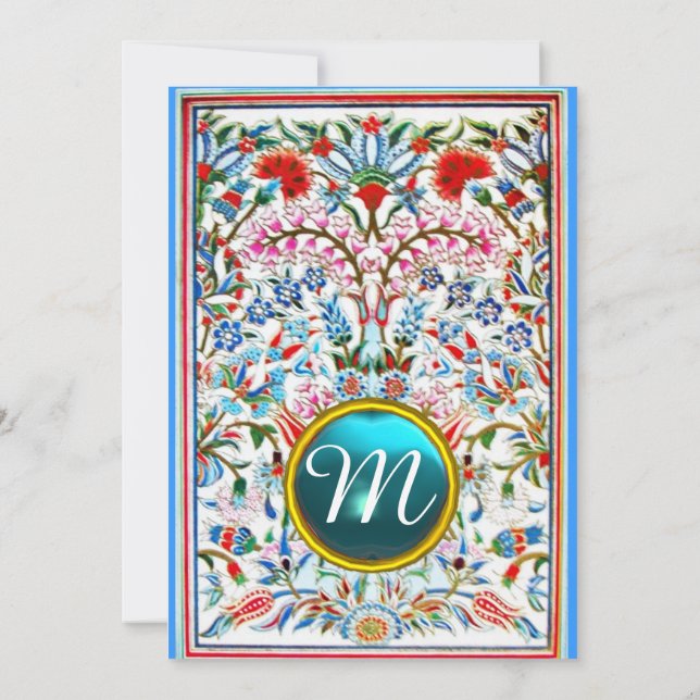 INVITATION FLEURS ORIENTALES BLEU ROSE DAMASSÉ MONOGRAMME GEM (Dos)