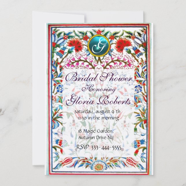 Invitation FLEURS ORIENTALES DAMASK GEM MONOGRAM Rose Bleu (Devant)