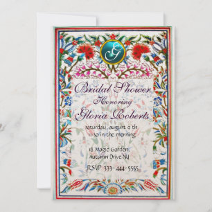 Invitation FLEURS ORIENTALES DAMASK GEM MONOGRAM Rose Bleu