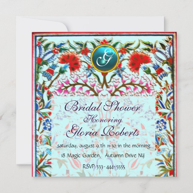 Invitation FLEURS ORIENTALES DAMASK MONOGRAM Blue Aquamarine (Devant)