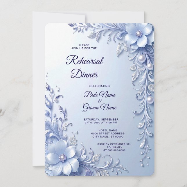 Invitation Fleurs Ornées Bleues avec Souper de Répétition de  (Devant)