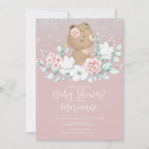 Invitation Fleurs pailletées rose pastel pour Baby Shower Our
