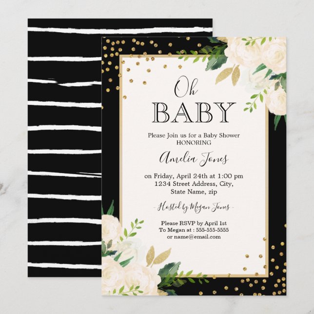 Invitation Fleurs Paillettes Or Noir Rayures Oh Bébé Shower (Devant / Derrière)
