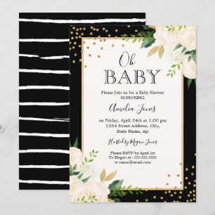 Invitation Fleurs Paillettes Or Noir Rayures Oh Bébé Shower