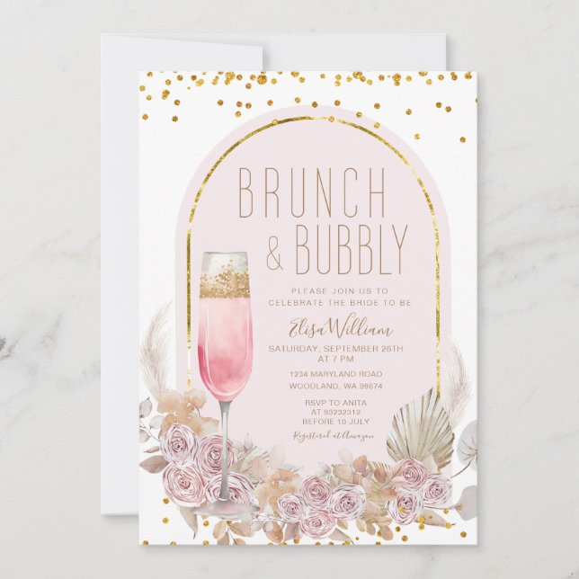 Invitation Fleurs Pampas Brunch & Fête des mariées Bubbly (Devant)