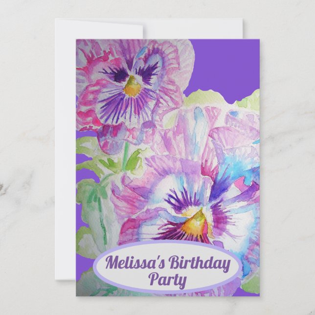 Invitation Fleurs Pansy Anniversaire Enfants Filles Violet fl (Devant)