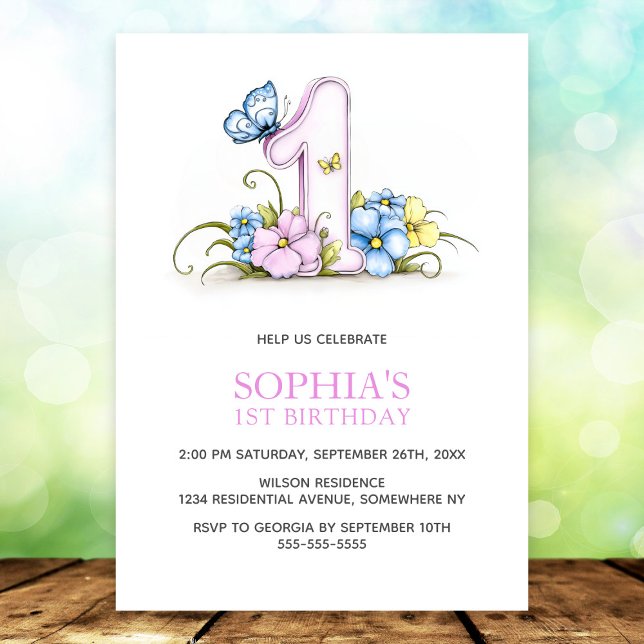Invitation Fleurs Papillon Bleu Rose 1ère Fête d'Anniversaire (Créateur téléchargé)
