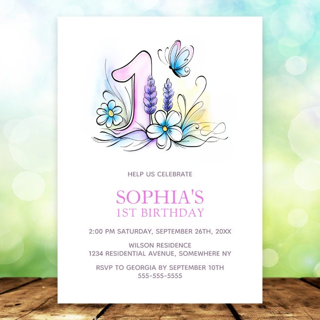 Invitation Fleurs Papillon Bleu Rose Fête d'anniversaire 1 an (Créateur téléchargé)