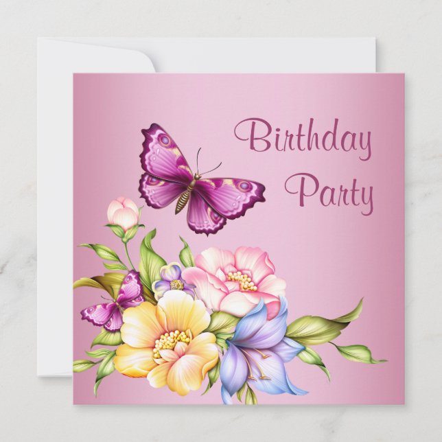 Invitation Fleurs papillon de couleur or rose pour l'annivers (Devant)