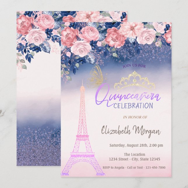 Invitation Fleurs, Papillon de la Tour Eiffel ombré Quinceane (Devant / Derrière)