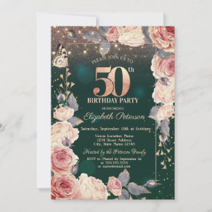 Invitation Fleurs,Papillon,Lumières Fête verte du 50e anniver
