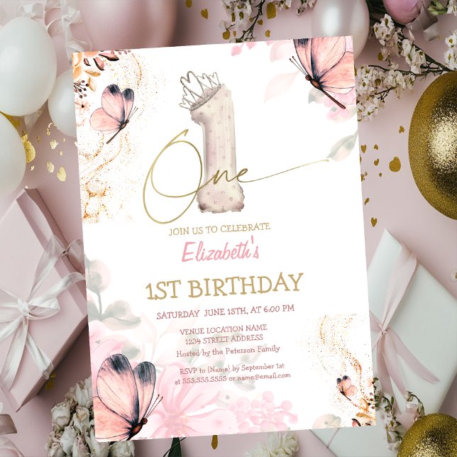 Invitation Fleurs Papillon Rayé Chic 1er Anniversaire (Créateur téléchargé)