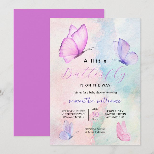 Invitation Fleurs papillon rose violet Baby shower fille (Devant / Derrière)