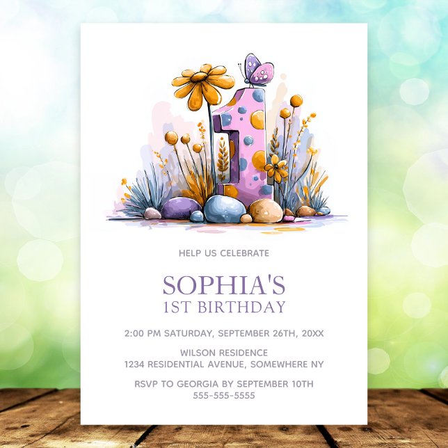 Invitation Fleurs Papillon Rose Violet Fête d'anniversaire 1  (Créateur téléchargé)
