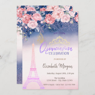 Invitation Fleurs, Papillon Tour Eiffel Ombre Quinceanera