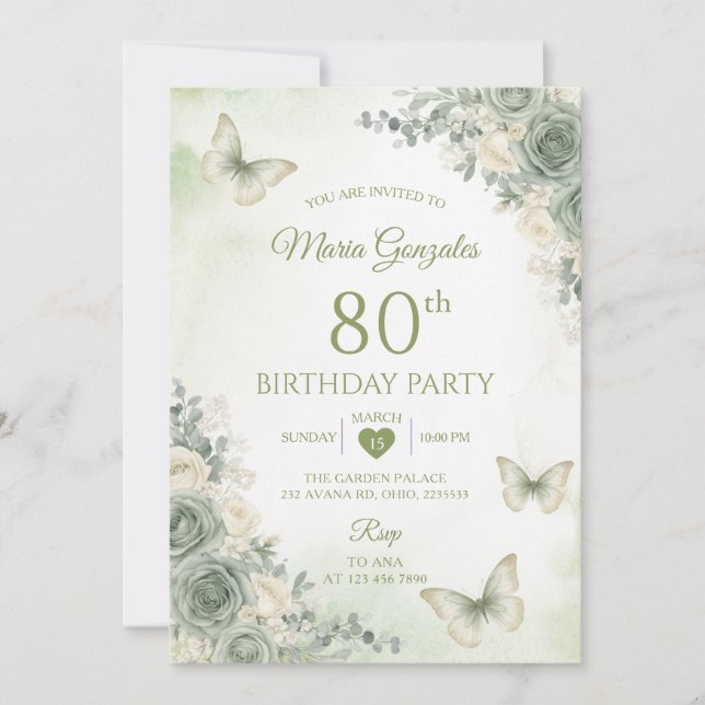 Invitation Fleurs Papillon Vert Sauge 80e Anniversaire (Devant)