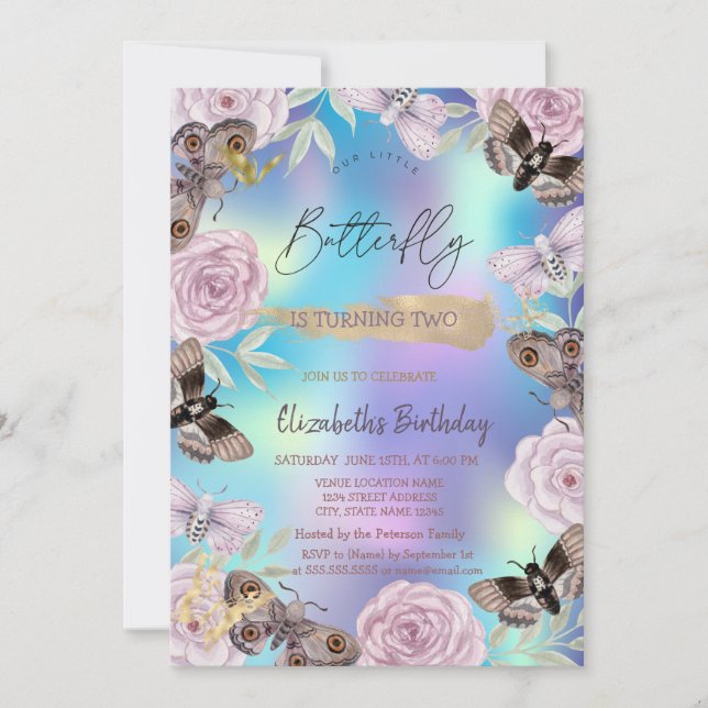 Invitation Fleurs Papillons Anniversaire Holographique (Devant)