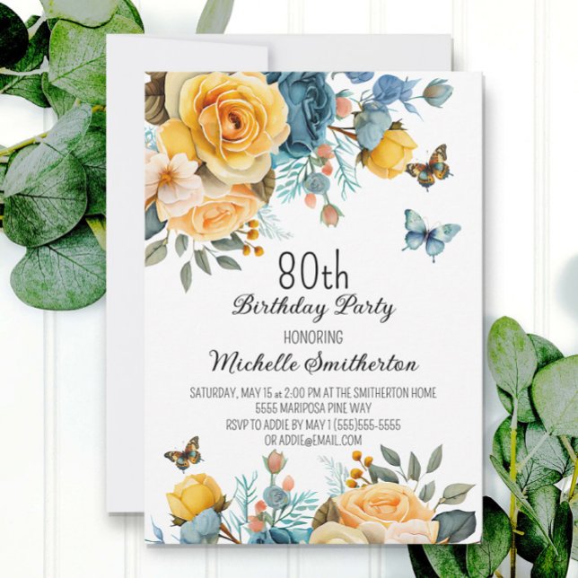 Invitation Fleurs papillons bleu poussiéreux 80e anniversaire (Créateur téléchargé)