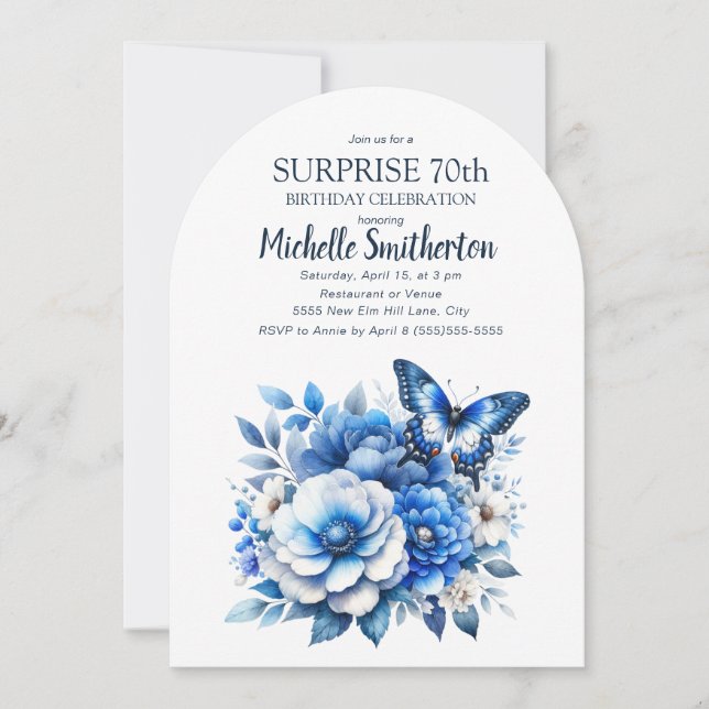 Invitation Fleurs papillons bleues Arch Surprise 70e annivers (Devant)