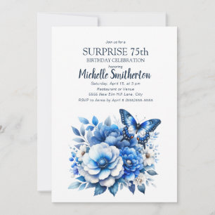 Invitation Fleurs papillons bleues Surprise 75e anniversaire