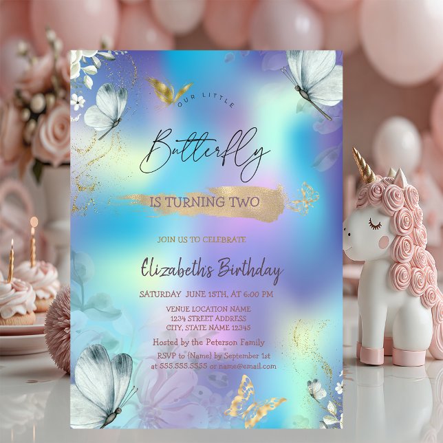 Invitation Fleurs Papillons Bleus Anniversaire Holographique (Créateur téléchargé)