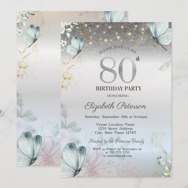 Invitation Fleurs Papillons Bleus Argent 80e Anniversaire (Devant / Derrière)