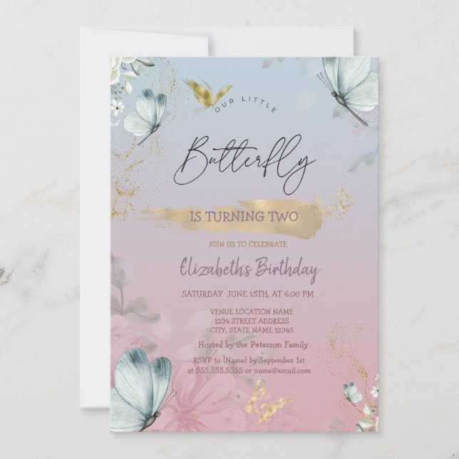 Invitation Fleurs Papillons Bleus Ombré Anniversaire (Devant)