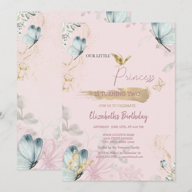 Invitation  Fleurs Papillons Bleus Rose Anniversaire  (Devant / Derrière)
