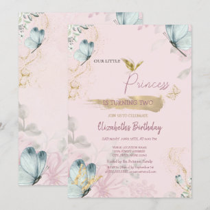 Invitation Fleurs Papillons Bleus Rose Anniversaire