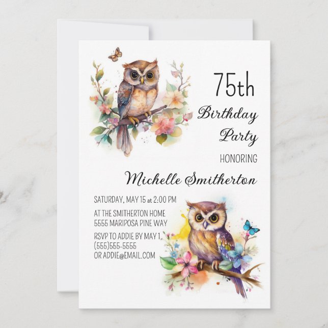 Invitation Fleurs Papillons de Printemps Chouette 75e Anniver (Devant)