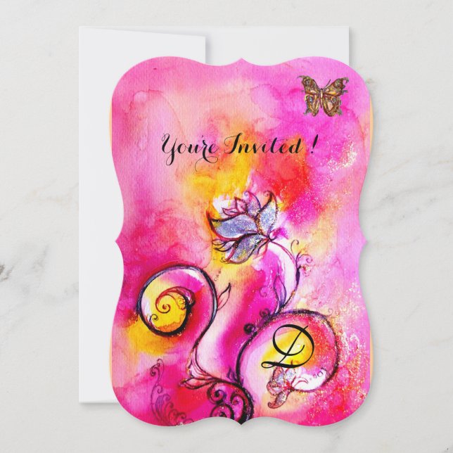 Invitation FLEURS & PAPILLONS fantaisistes rose jaune (Devant)